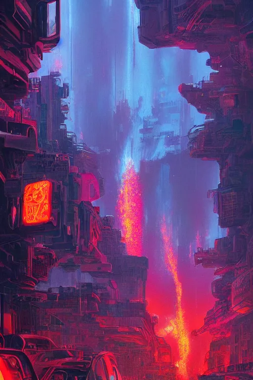 Image similar to a cyberpunk city in the crater of a volcano, lava flowing, smoke, fire, neon, clubs, festival, lasers, industrial, by paul lehr, jesper ejsing