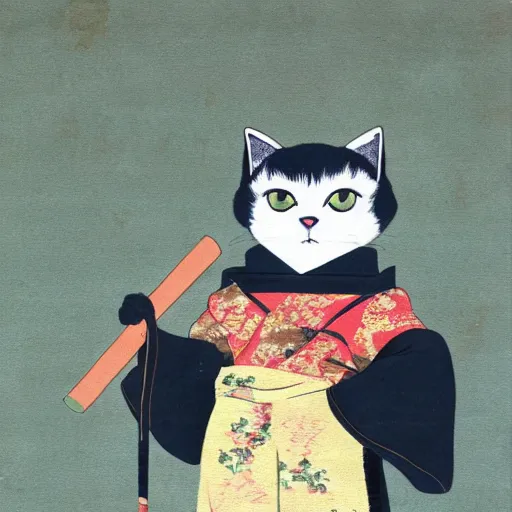 Prompt: A cat dressed in kimono and holding a samurai sword,