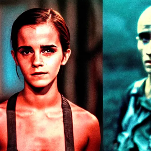 Image similar to film still, extreme far view, emma watson vietnam door gunner, film still from apocalypse now ( 1 9 7 9 ), 2 6 mm, kodak ektachrome, blue tint expired film,