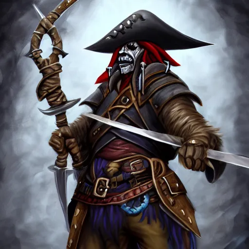 Image similar to D&D character art of undead pirate captain wielding a sandstone rapier and sandstone dagger, weapons made of sandstone. Wearing a hat with an impressive feather and with a brutal scar across his neck. Dark magic, necromancy, dark lighting, flux. High fantasy, digital painting, HD, 4k