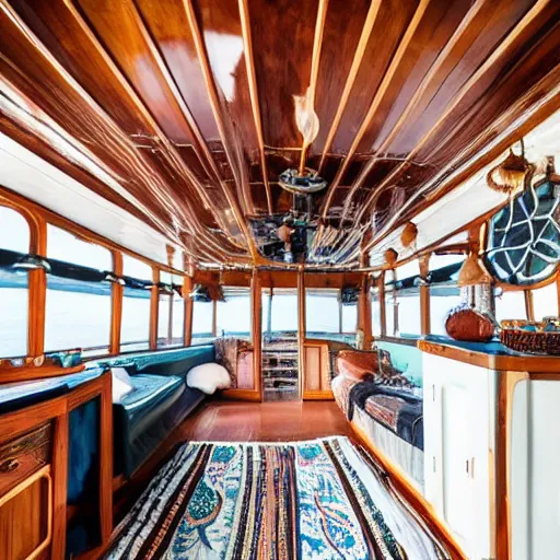 Prompt: a houseboat galley decorated in a witchy bohemian style, 4 k interior design photography