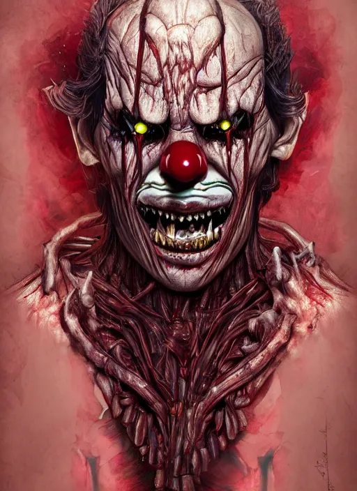 Image similar to evil horror clown, monster anatomy, ross tran, vivid colors, anatomical, highly detailed sculpture, intricate detailed, ommatidia, 8 k, cinematic atmosphere, post - processing