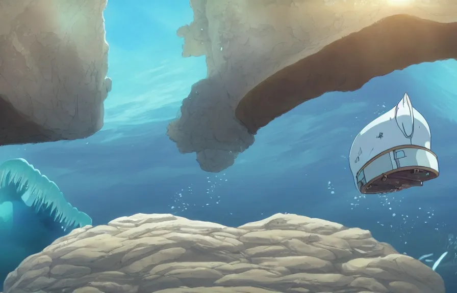 Image similar to a realistic cell - shaded cartoon from howl's moving castle ( 2 0 0 4 ) showing an eel submarine swimming in front of a white pristine pyramid underwater at the bottom of the sea. shafts of sunlight come from above. wide shot, very dull muted colors, hd, 4 k, hq