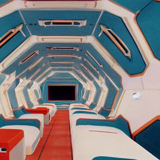 Image similar to A Wes Anderson style interior of a space ship from 2001: A Space Odyssey