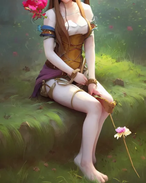 Prompt: concept art of a medival girl, wearing tight simple medival clothes, holding a flower while sitting in a lush medow | | cute - fine - fine details by stanley artgerm lau, wlop, rossdraws, james jean, andrei riabovitchev, marc simonetti, and sakimichan, trending on artstation