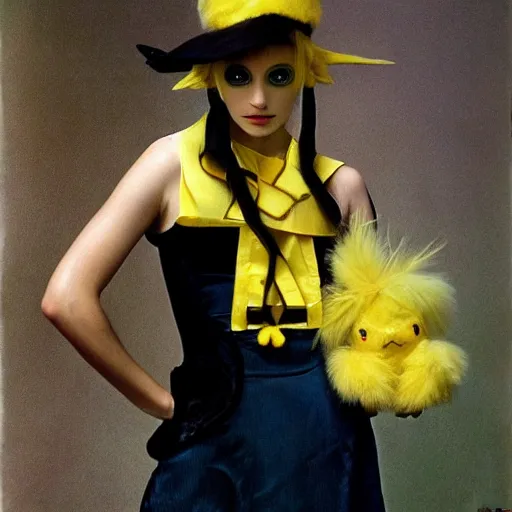 Prompt: elegant woman in a cosplay costume of pikachu, art photo by Annie Liebovitz and David Hamilton and Alphonse Mucha