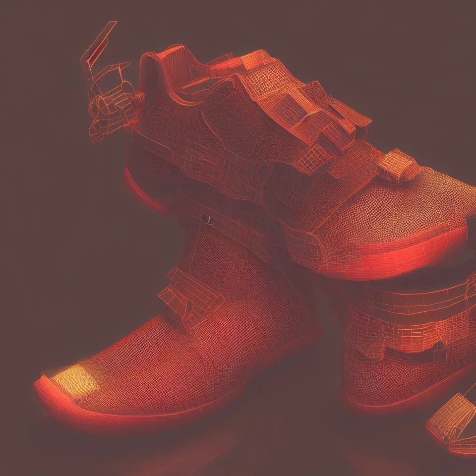 Image similar to realistic 3 d render product shot of a cyberpunk sneaker, beautiful studio lighting, soft, sharp focus, neon cyberpunk highlights, intricate detail, gold and red accents, soft rubber, octane render, wide angle, trending on artstation, deviantart, art by syd mead and issey miyake