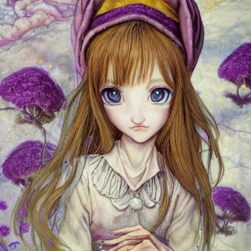 Image similar to little elf girl, tunic, soft hair. light color palate, purple, yellow and white. detailed soft painting, ayami kojima, made in abyss, anatomically correct, inspired in balthus, high detailed face anime, vogue magazine