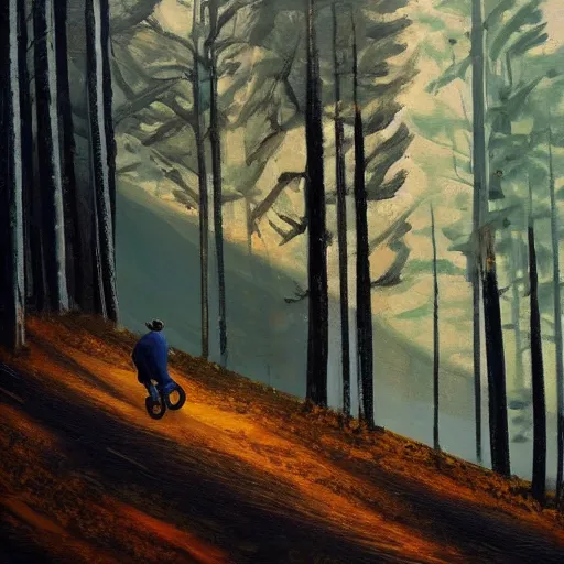 Image similar to man biking up a steep forest hill with a deep dark blue sweater. sweaty. Oil painting. Emotional. Trending on artstation. Steep. Nordic Trees. Rustic. Artistic.