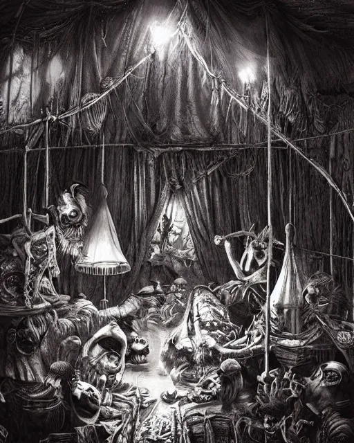 Prompt: the little circus of horrors, circus tent outside, creepy, hyper realistic, ambient lighting, horror art, intricate, hyper detailed, smooth