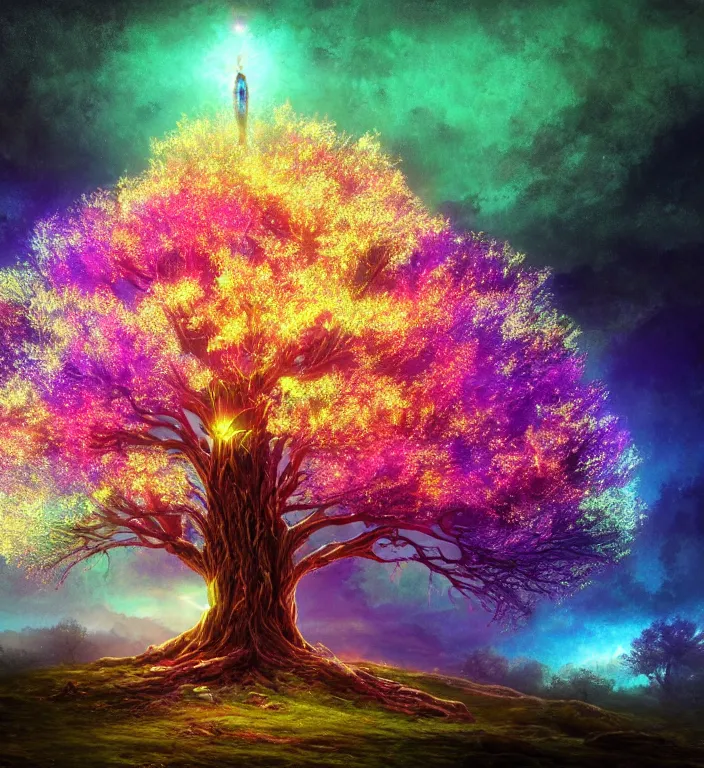 Prompt: magical chromatic glowing tree of life in a hill, centralized, ethereal, rich, fantasy, smooth, sharp focus, high detailed digital art, ultra wide shot, lush colors, in the style of greg rutkowski and hans zatzka, highly realistic, exquisite ornate metal gothic icon heavy patina, delicate, the secret of nihm