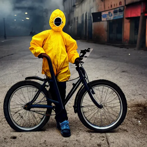 Image similar to a photo of a boy wearing a hazmat suit, riding a bike, side-view, smoke in the background, filthy streets, broken cars. Vines growing. Jpeg artifacts. Full-color photo. Color color color color color. Award-winning photo. Samyang/Rokinon Xeen 50mm T1.5