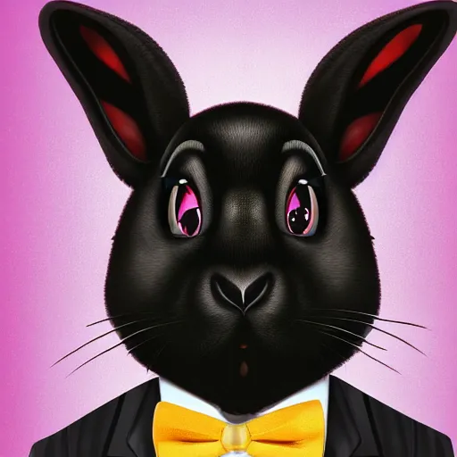 Image similar to A extremely highly detailed majestic hi-res beautiful, highly detailed head and shoulders portrait of a scary terrifying, horrifying, creepy black cartoon rabbit with a bowtie and scary big eyes, earing a shirt laughing, hey buddy, let's be friends, in the style of Walt Disney