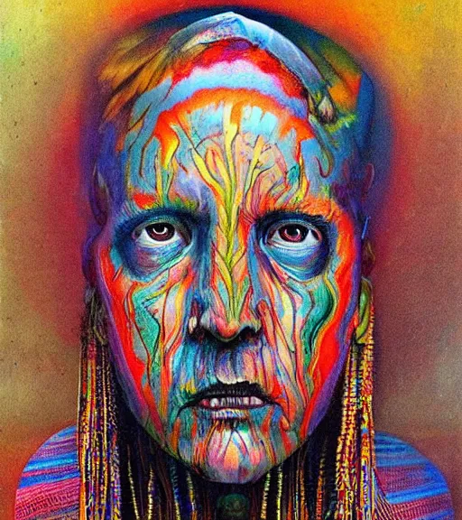 Prompt: Portrait painting in a style of Beksinski mixed with Alex Grey of an old shaman dressed in a colorful traditional clothes. Very psychodelic