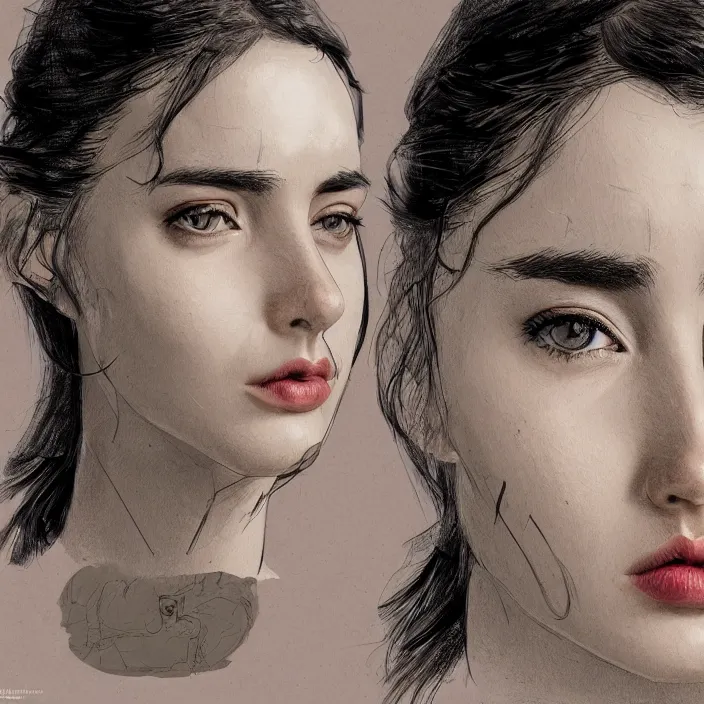 Image similar to ana de armas, face study sheet, concept design, contrast, kim jung gi, greg rutkowski, zabrocki, karlkka, jayison devadas, trending on artstation, 8 k, pincushion lens effect