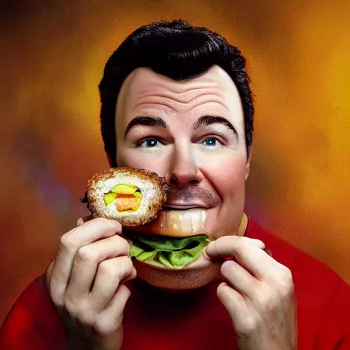 Image similar to hyperrealistic mixed media image of seth macfarlane eating a cheeseburger, stunning 3 d render inspired art by istvan sandorfi and greg rutkowski, perfect facial symmetry, realistic, highly detailed attributes and atmosphere, dim volumetric cinematic lighting, 8 k octane extremely hyper - detailed render, post - processing, masterpiece,