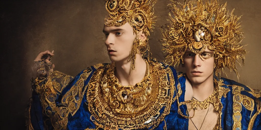 Image similar to dramatic studio portrait of a beautiful flawless symmetrical man wearing intricate otherworldly gold and white jewelry and wearing an ornate elegant gold headdress, hyper realism, very detailed