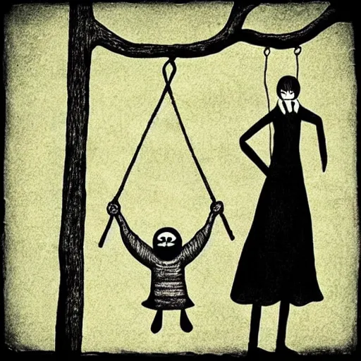 Prompt: “slenderman standing by a girl on a swing set, style of Edward Gorey”