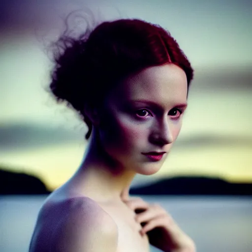 Prompt: photographic portrait of a stunningly beautiful scottish renaissance female in soft dreamy light at dusk, beside the river, soft focus, contemporary fashion shoot, hasselblad nikon, in a denis villeneuve and tim burton movie, by edward robert hughes, annie leibovitz and steve mccurry, david lazar, jimmy nelsson, extremely detailed, breathtaking, hyperrealistic, perfect face