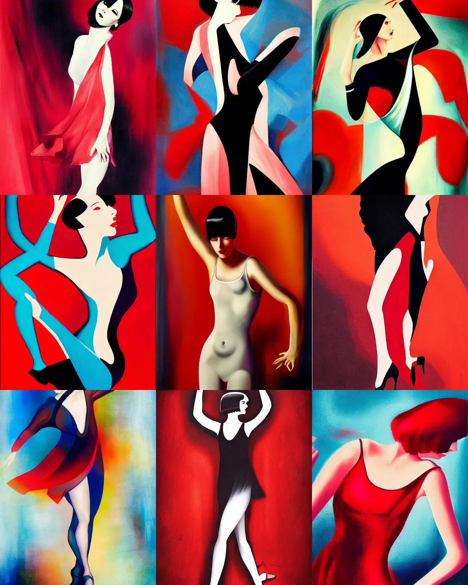 Prompt: full length portrait of 2 0 year old mary louise brooks dancing, shiny bob haircut, dramatic light, red abstract art deco city background, air brush art, high contrast, sharp,, painted by ross tran 1 9 2 0 s