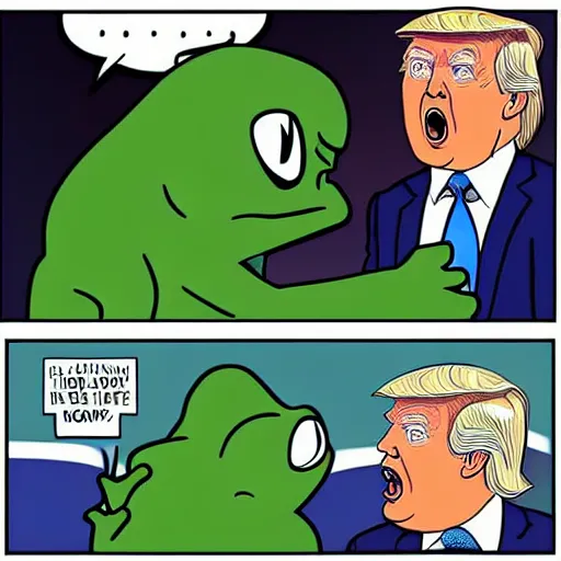 Prompt: pepe the frog having a talk with Donald Trump, ultra realistic
