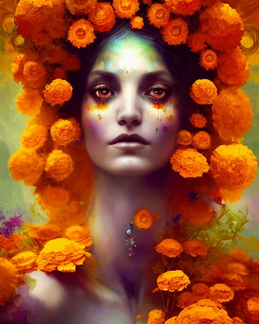 Image similar to Full View Portrait Mystical ethereal marigold deity wearing beautiful dress, marigold Dryad, 4k digital masterpiece by Anna dittman and Ruan Jia and Alberto Seveso, fantasycore, Hyperdetailed, realistic oil on linen, soft lighting, marigold background, featured on Artstation