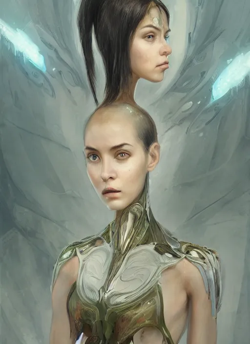 Image similar to a professional painting of a beautiful young female alien, clothed in ethereal armor, olive skin, long dark hair, beautiful bone structure, symmetrical facial features, intricate, elegant, digital painting, concept art, smooth, sharp focus, illustration, from Valerian and the City of a Thousand Planets, by Ruan Jia and Mandy Jurgens and Artgerm and William-Adolphe Bouguerea