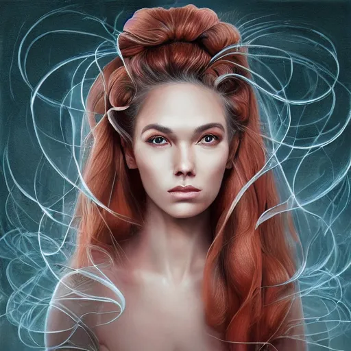 Image similar to a picture of a woman with a spiral in her hair, an airbrush painting by marco mazzoni, featured on zbrush central, generative art, zbrush, behance hd, airbrush art