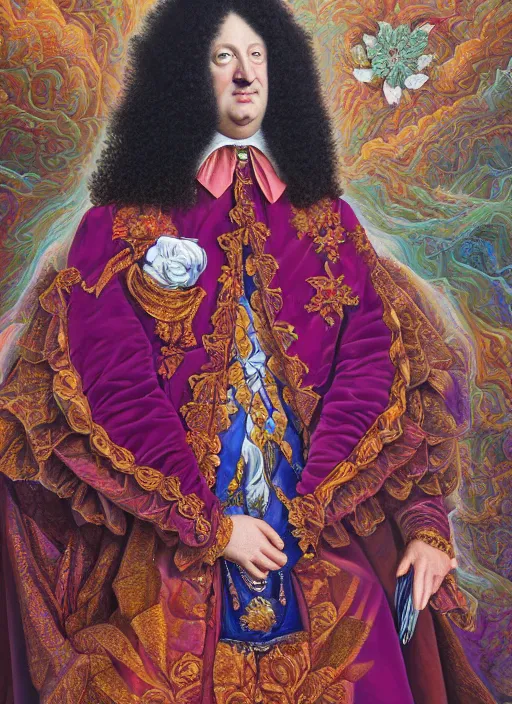 Image similar to beautiful oil painting, full length portrait of Louis xiv in coronation robes 1701, Dan Mumford, Dan Mumford, Alex grey, Alex grey, highly detailed , lsd visuals, dmt fractal patterns, hallucinogen, visionary art, psychedelic art, ornate, vaporwave, baroque