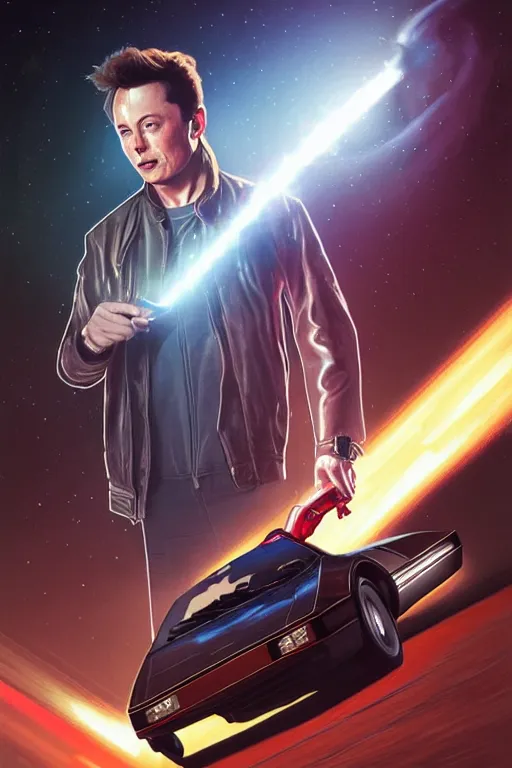 Image similar to elon musk as marty mcfly near delorean, realistic portrait, symmetrical, highly detailed, digital painting, artstation, concept art, smooth, sharp focus, illustration, cinematic lighting, art by artgerm and greg rutkowski and alphonse mucha