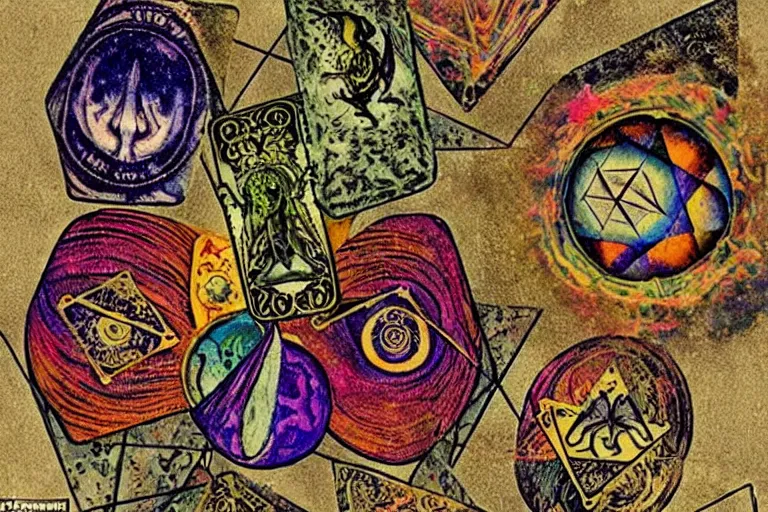 Prompt: a tatterd and torn tarot card that reads lsd is good, psychedelic, old, paper texture, da vinci code, geometry, mushrooms