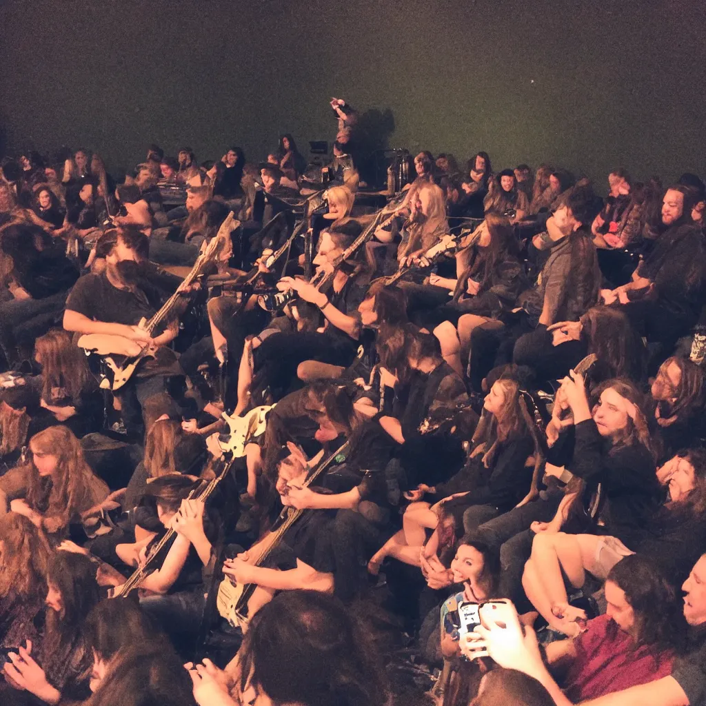 Prompt: front row at a The Front Bottoms concert, bad lighting, cell phone camera