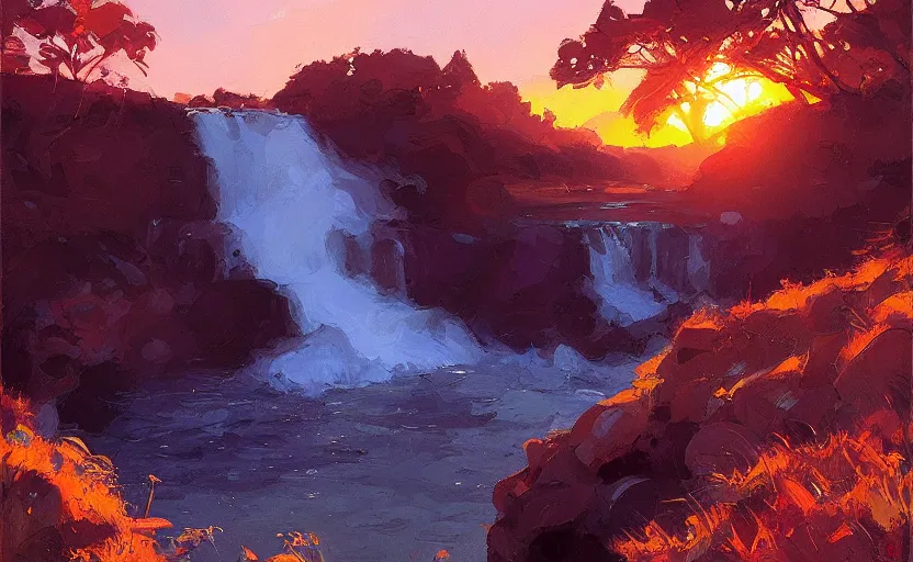 Image similar to waterfall sunset in heaven by atey ghailan and michael garmash