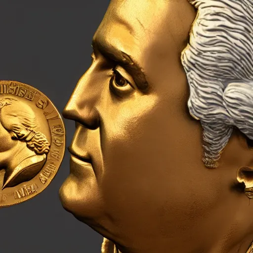 Image similar to a closeup photorealistic photograph of a happy George Washington inspecting small gold Doubloon coins at his home on Cherry Street. This 4K HD image is Trending on Artstation, featured on Behance, well-rendered, extra crisp, features intricate detail and the style of Unreal Engine.
