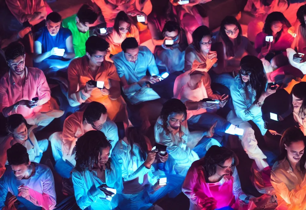 Prompt: group of people in a dark room, illuminated by the different color of screen of their smartphones. calm social gathering. partecipating in a social game. picture taken with smartphone camera, iphone 12 camera, 4K, highly detailed, vibrant colors