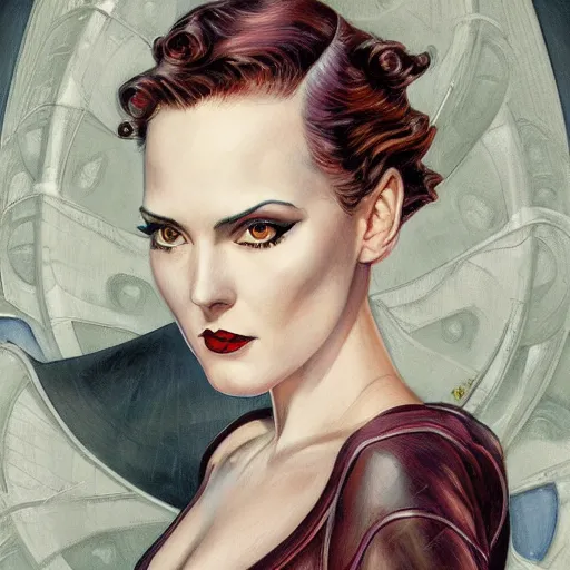 Image similar to a streamline moderne, ( art nouveau ), ( ( dieselpunk ) ) portrait in the style of charlie bowater, and in the style of donato giancola, and in the style of charles dulac. intelligent face. symmetry, ultrasharp focus, dramatic lighting, semirealism, intricate symmetrical ultrafine background detail.