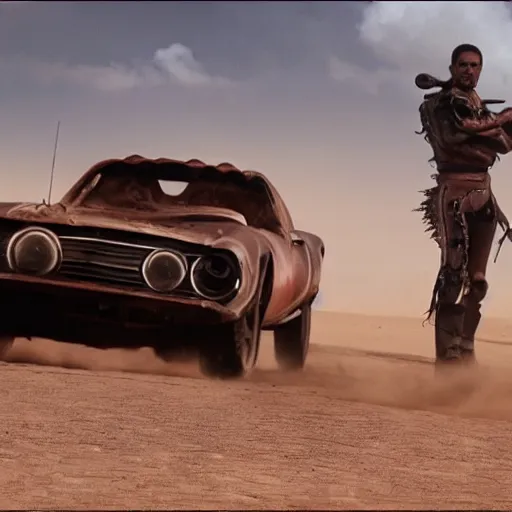 Prompt: Microsoft Clippy in a mad max movie still.