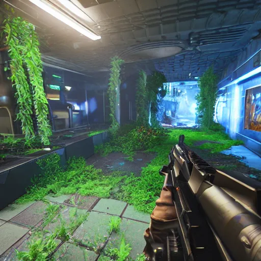 Image similar to screenshot of a first person shooter game on unreal engine 5, in a liminal underground garden, photorealistic, retrofuturism