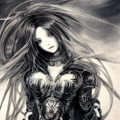 Image similar to yoshitaka amano blurred and dreamy illustration of an anime girl with black eyes, wavy white hair fluttering in the wind wearing elden ring armor with engraving, abstract black and white patterns on the background, noisy film grain effect, highly detailed, renaissance oil painting, weird portrait angle, blurred lost edges, three quarter view