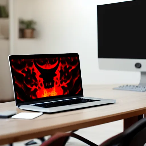 Image similar to a demon ~ using a laptop ~ lava background ~ sitting on a chair ~, 4 k, ultra hd