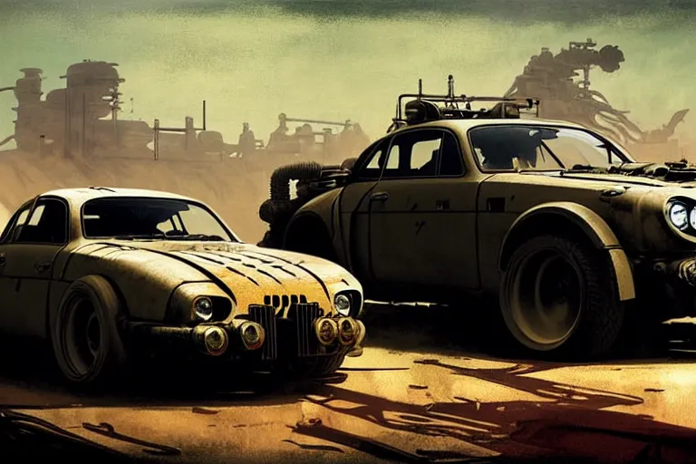 Image similar to dieselpunk mad max's 4 wd alpine a 1 1 0, painted by greg rutkowski makoto shinkai takashi takeuchi studio ghibli, akihiko yoshida