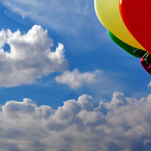 Prompt: a lot of birthday balloons floating in the clouds