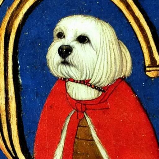 Image similar to medieval painting of a maltese dog as a lord