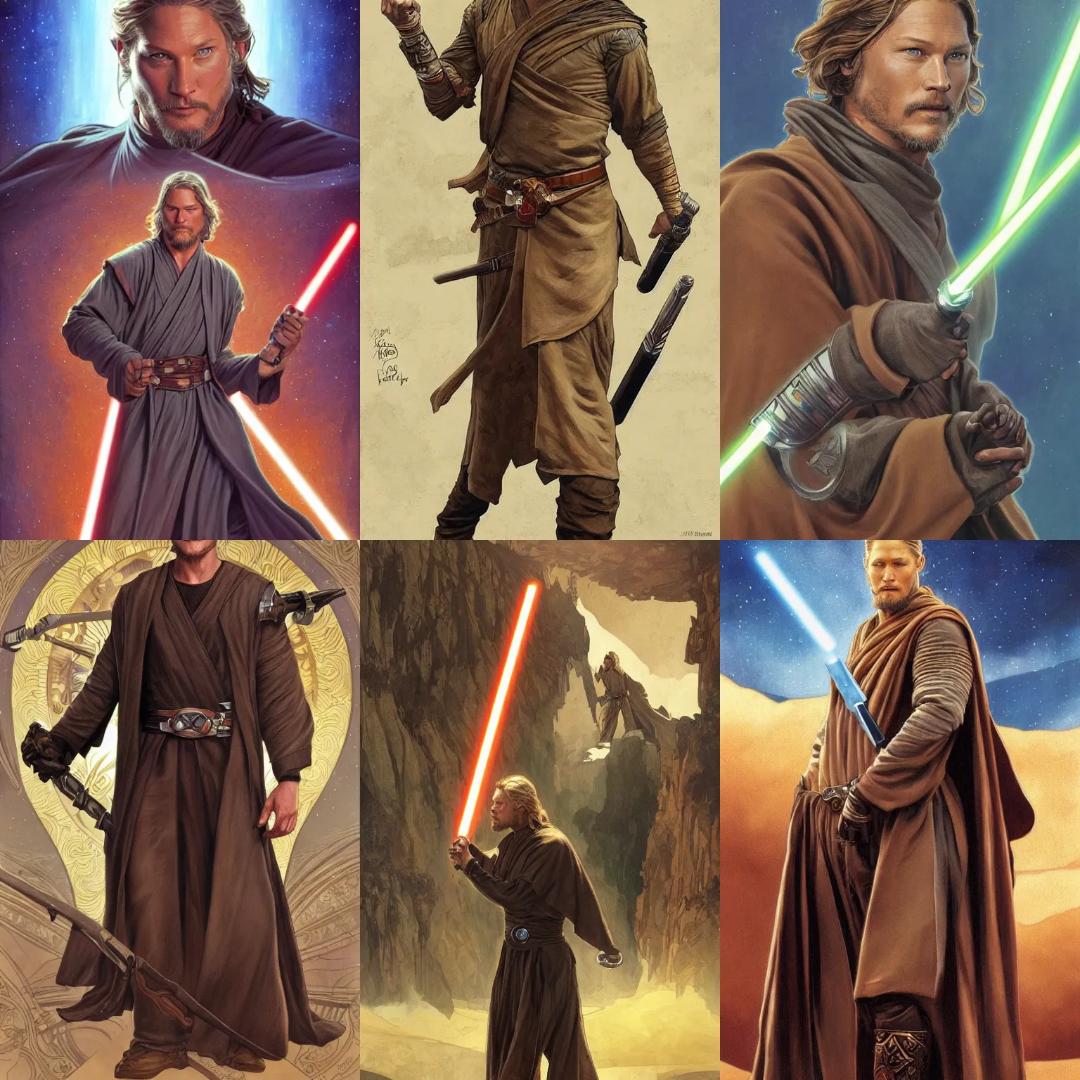 Prompt: Travis Fimmel as a Jedi Master, highly detailed, digital painting, artstation, concept art, sharp focus, illustration, SFW, art by greg hildebrandt and alphonse mucha