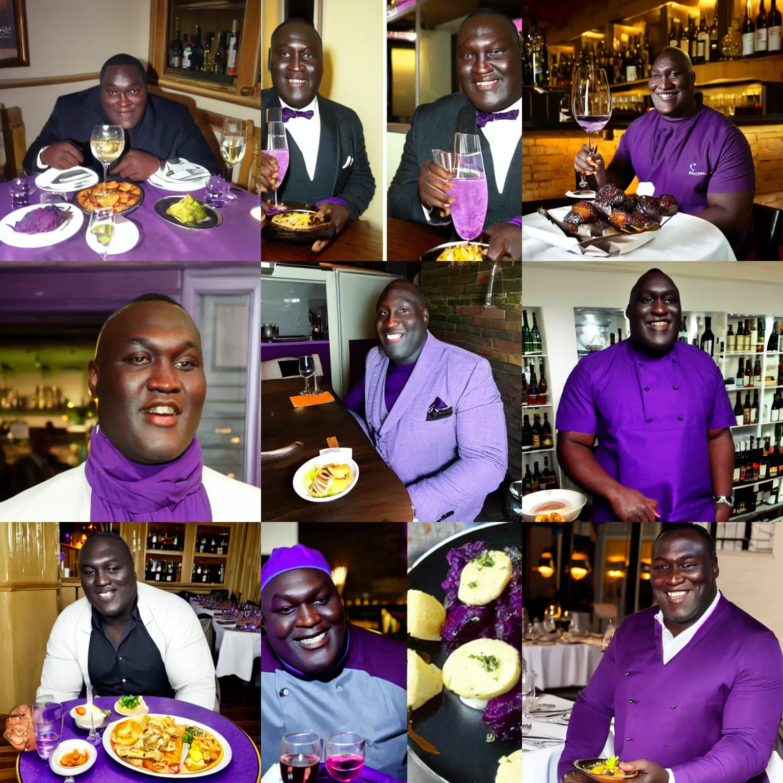 Prompt: purple aki at a fine wining and dining