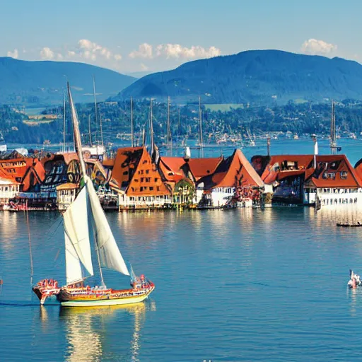 Prompt: lindau, lake of constance, germany, summer time, mountain view, sailing ships