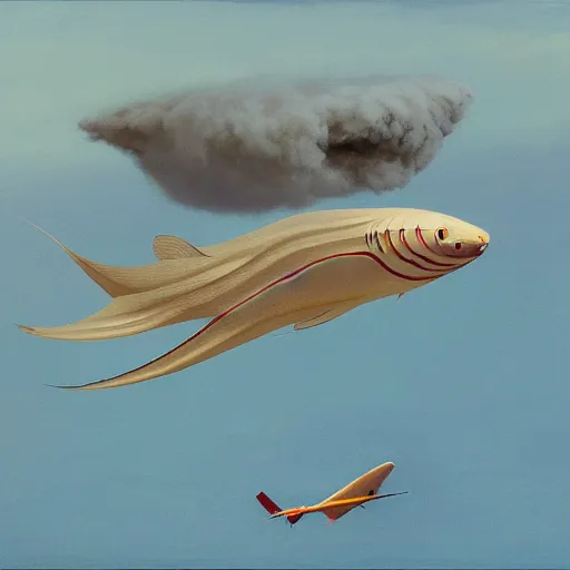 Prompt: Giant catfish fly through the air, as a tornado approaches, by Takashi Murakami, Edward Hopper, Bo Bartlett, and Cynthia Sheppard, Artstation