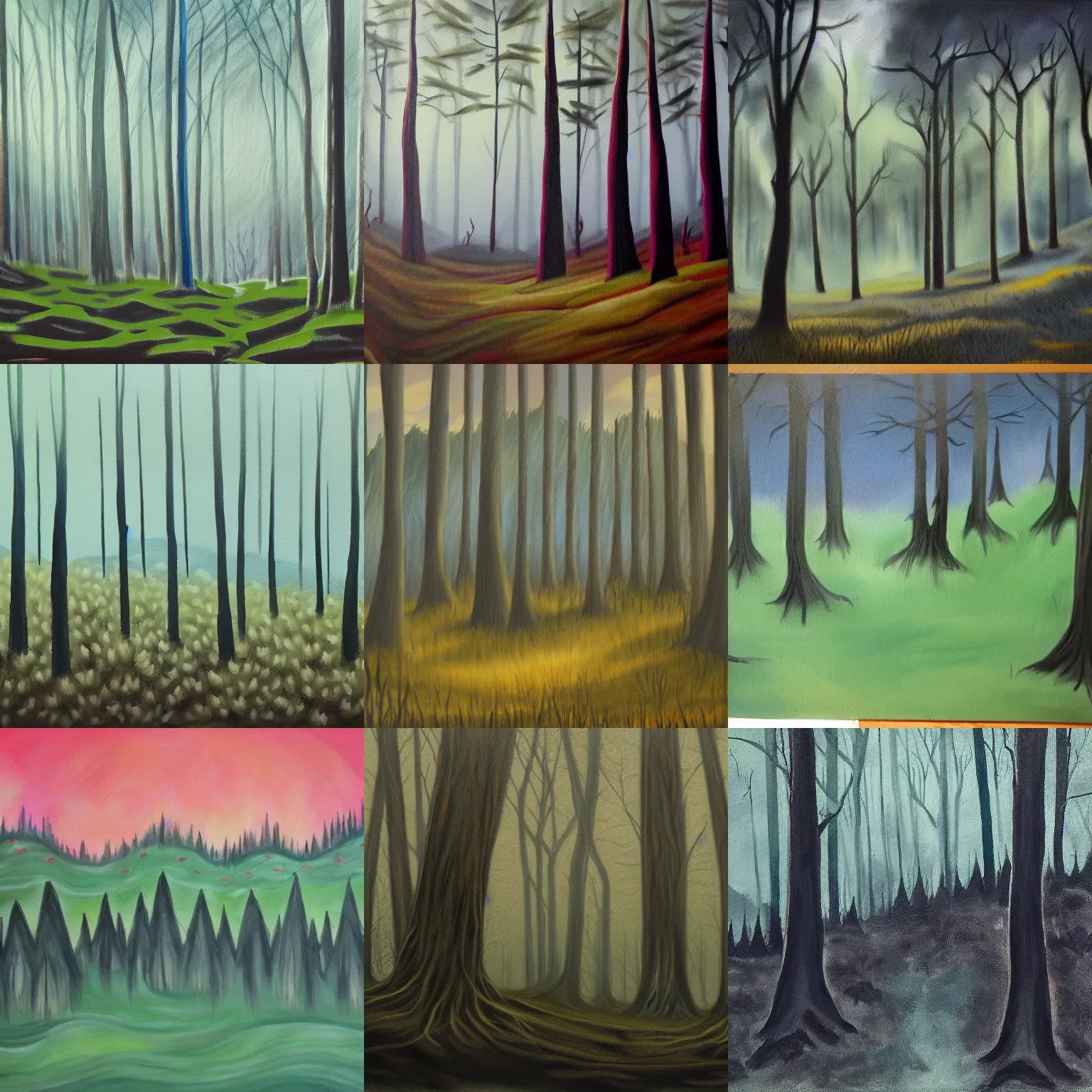 Prompt: an ominous forest landscape, painting in the style of emily carroll