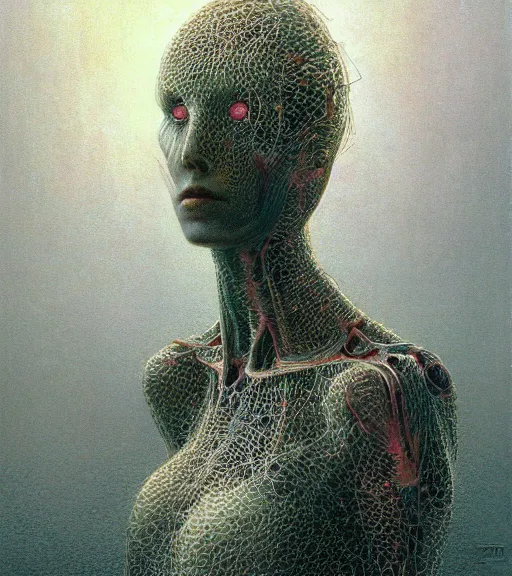 Image similar to portrait of girl melting with machine by wayne barlowe and zdislaw beksinski