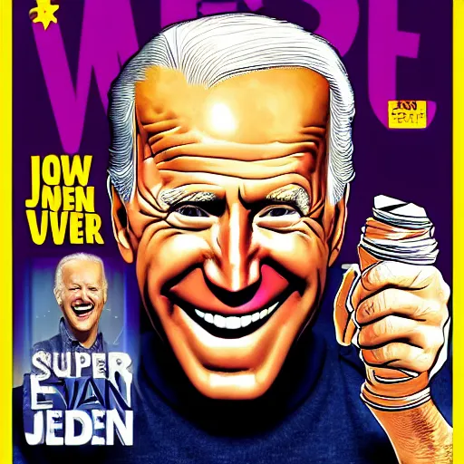 Prompt: Super Evil Joe Biden laughin, cover art by Stephen Bliss, Boxart